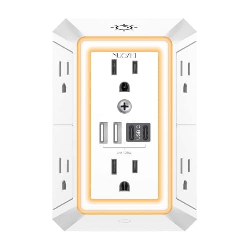 Outlet Extender Surge Protector - NUOZHI 6 Outlet Splitter with 4 USB Ports(2 USB-C) and Night Light, Multi Plug Wall Outlet 1680J Power Strip for Home Office Dorm Room Essentials, ETL, White - color: White(Night Light), size: 6 Outlets