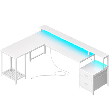 PRAISUN 66" L Shaped Gaming Desk with LED Lights & Power Outlets - color: White