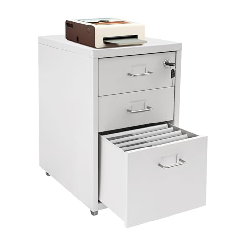 3 Drawer Vertical File Cabinet with Lock, Metal Mobile File Cabinets on Wheels Office Storage File Cabinet Filing Cabinet Under Desk with Tag Jacks for Letter/Legal/A4/F4 Size