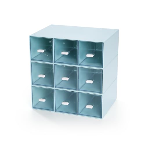 Desktop Organizer With 9 Drawers, Pencil Box, Stationary Organizer | 3 Tiers Blue, Plastic Mini Drawers, Small Pen Storage Boxes, Toolbox, Stackable Makeup Organizer, Stationary Organizer - color: 3 Tall Layers & 9 Drawers, Blue