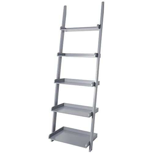 Modern 5 Tier Leaning Wall Ladder Bookshelf, Gray, 70 Inches | Storage Rack, Organizer - color: Grey