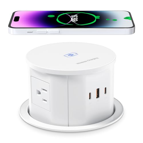 ANNQUAN 4.7" Pop Up Outlet for Countertop with 65W USB-C Wireless Charger | Pop Up Countertop Receptacle Outlet 4 Outlets 3 USB Ports Home Office Kitchen - color: White, size: 12 Amp(Standard)