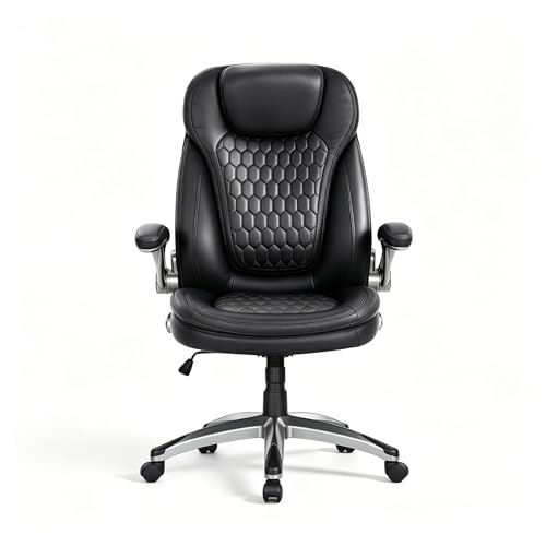 Office Chair Ergonomic Desk Chair-Executive Office Chair, High Back Computer Chair Flip-up Arms, Strong Metal Base, Swivel Rolling Leather Chair for Adult Work/Study-Black, 300lbs - color: Black, size: set of 1