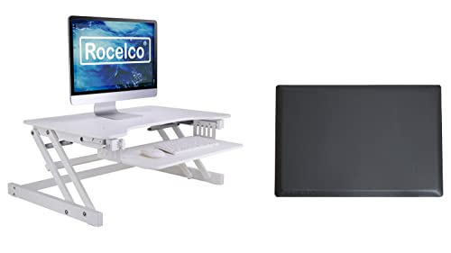 Rocelco 32" Height Adjustable Standing Desk Converter with Anti Fatigue Mat BUNDLE | Sit Stand Up Dual Monitor Riser | Computer Workstation | Large Retractable Keyboard Tray | White (R ADRW-MAFM) - color: White, size: 32", style: Riser+Floor Mat