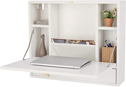 GRAFFY Wall Mounted Table, Multifunctional Folding Hanging Storage Cabinet, Space Saving Computer Desk w/Storage Drawer and Shelves, Wall Mount Laptop Desk for Home Office (White)