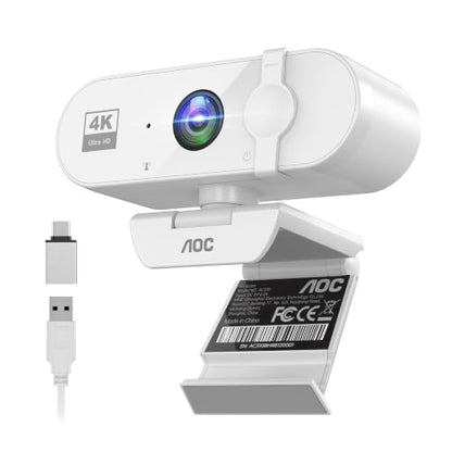 AOC 4K Webcam for PC, Streaming Camera with Noise-Canceling Mic, White | 90° FOV, Privacy Cover, Plug & Play, Zoom/Skype/FaceTime Compatible, Works with Mac/Laptop/Switch 2, USB C-A Adapter Included - color: white