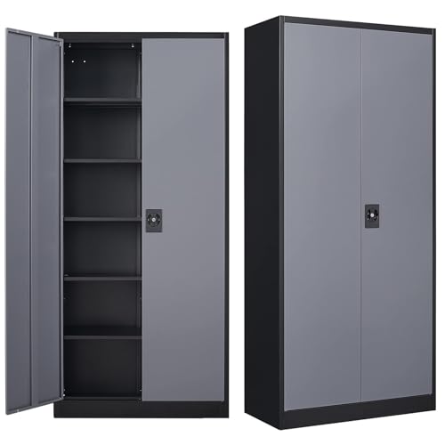 MIIIKO Metal Storage Cabinet with Locking Doors, Black Garage Lockable Steel Cabinets with 4 Doors and 5 Shelves for Home, Garage, Pantry Workshop Warehouse - color: Black Gray, style: 71"H