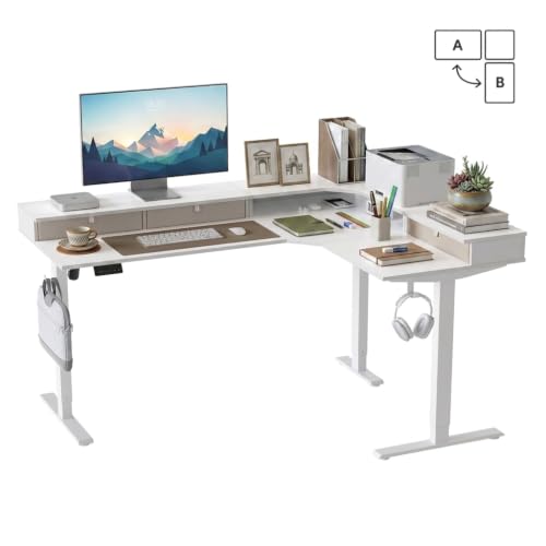 FEZIBO L Shaped Electric Standing Desk, 63x48 inch Large with Drawers | Reversible Tabletop, 2 Memory Height Settings | Home Office & Gaming Height-Adjustable Table, Warm White（2 Packages） - color: Warm White, size: 63"x48"