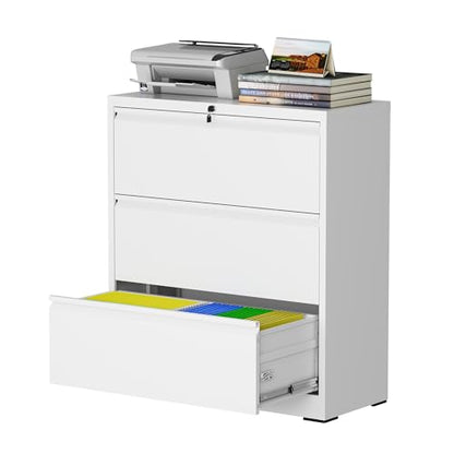 3 Drawer File Cabinet with Lock, Metal File Cabinet, White - color: White, size: 40.4"H - 3 Drawer