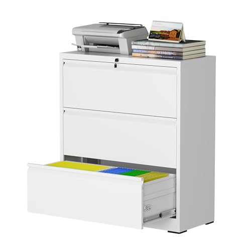 3 Drawer File Cabinet with Lock, Metal File Cabinet, White - color: White, size: 40.4"H - 3 Drawer