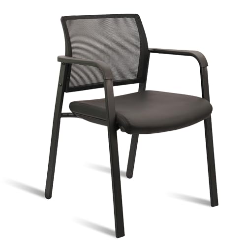 CLATINA Stackable Office Chair, Mesh Back Guest Chairs with Comfortable Leather Seat Arms Stacking Ergonomic Desk Chair No Wheels for Conference Waiting Reception School Side Stationary, Black - color: Black Leather, size: 1 pack