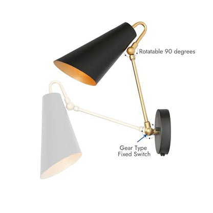 KSANA Swing Arm Wall Lamp, Black and Gold Plug in or Hardwired Wall Sconces, Modern Adjustable Arm Light Fixture with On/Off Switch for Bedroom, Kitchen, Hallway and Living Room - size: Swing Arm - Cone Shade