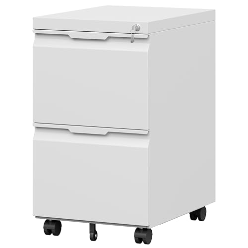 2 Drawer Metal Rolling File Cabinet with Lock, Under Desk Mobile Filing Cabinet for Home Office, Printer Stand with Casters Fits A4/Letter/Legal Size Documents, White - color: White, size: 2 Drawer-Mobile