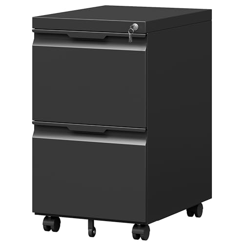2 Drawer Metal Rolling File Cabinet with Lock, Under Desk Mobile Filing Cabinet for Home Office, Printer Stand with Casters Fits A4/Letter/Legal Size Documents, Black - color: Black, size: 2 Drawer-Mobile