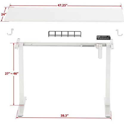 SHW 48-Inch Electric Height Adjustable Sit to Stand Desk, White | with Hanging Hooks and Cable Management, White Frame and White Top - color: White, size: 48-Inch