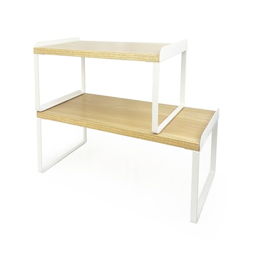 Mitus Stacking Wood Shelf Organizer, Counter Cabinet Storage Rack, Set of 2 - color: White + Natural, size: Set of 2 (12" + 16")