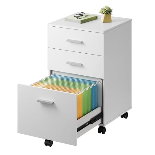 DEVAISE 3 Drawer Wood Mobile File Cabinet, Rolling Filing Cabinet for Letter/A4 Size, White - color: White, size: 15.7"D x 16.2"W x 25.7"H