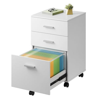 DEVAISE 3 Drawer Wood Mobile File Cabinet, Rolling Filing Cabinet for Letter/A4 Size, White - color: White, size: 15.7"D x 16.2"W x 25.7"H