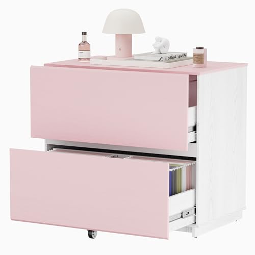 ModernMate 2 Drawer Lateral File Cabinet for Home Office, 31.5W*28.7H | Wood Filing Cabinet with Ample Storage, Doubles as Printer Stand for Office & Business, Fits Letter, A4 & Legal Size, Pink - color: Pink+white