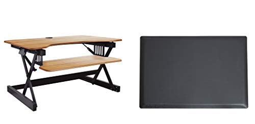 Rocelco 32" Height Adjustable Standing Desk Converter BUNDLE - Sit Stand Computer Workstation Riser with Anti Fatigue Mat - Dual Monitor Retractable Keyboard Tray - Teak Wood Grain (R EADRT-MAFM) - color: Teak/Black, size: 32", style: Riser+Floor Mat