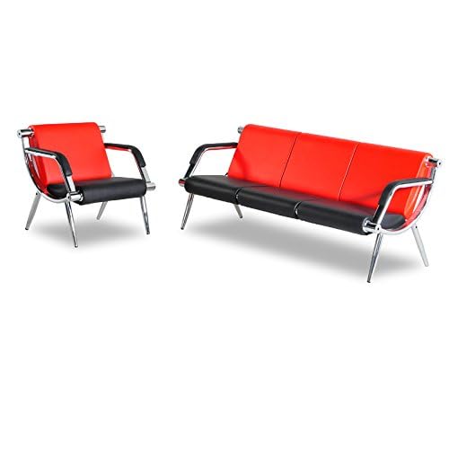 wonline 4 Seat Waiting Room Chair with Armrest PU Leather Office Furniture, Office Guest Seating Lobby Conference Reception Chairs for Airport Clinic Hospital Bank Salon Barber(Red&Black) - color: Red & Black, size: 4 Seat