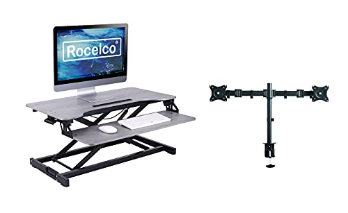 Rocelco Standing Desk Converter with Dual Monitor Mount - 31.5 Inch Sit Stand Up Tabletop Riser with Tablet Holder, Height Adjustable Workstation - Deep Keyboard Tray for Laptop - Gray (R VADRG-DM2) - color: Grey, size: 31.5", style: Riser + Dual Mount