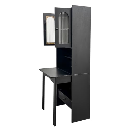 roomfitters Fold-Out Writing Table Secretary Desk with Fluted Glass Door Hutch Storage Cabinet Home Office, Black