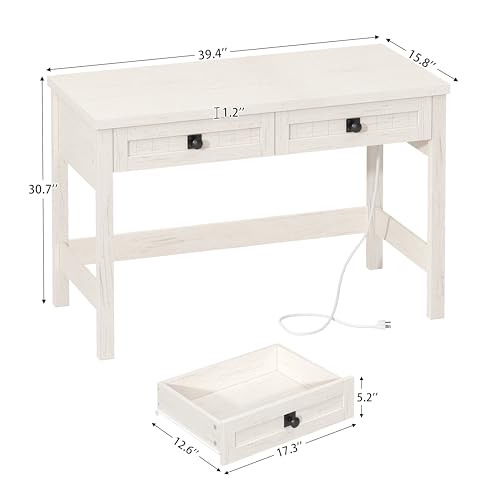 39 Inch Farmhouse Small Computer Desk with Drawers for Bedroom, Home Office - color: White