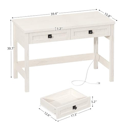 39 Inch Farmhouse Small Computer Desk with Drawers for Bedroom, Home Office - color: White