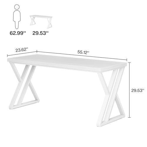 Tribesigns Writing Computer Desk, 55 inch Heavy Duty Study Desk with Z-Shaped Metal Leg, Modern Simple Home Office Computer Desk, White - color: White