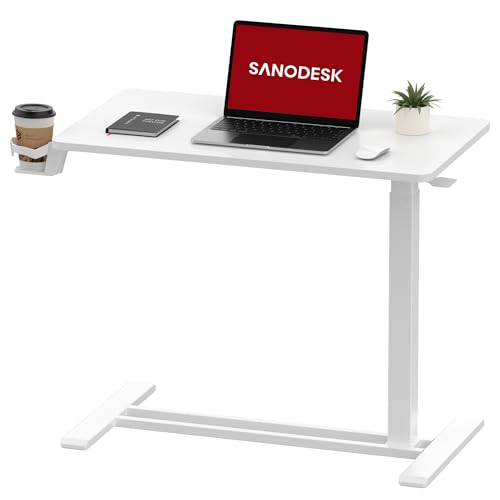 SANODESK 32'' Mobile Standing Desk with Hidden Wheels,Pneumatic Laptop Desk | Sofa Computer Cart Movable Height Adjustable Table Small Sit Stand Desk for Home Office Hospital Use,31.5" W x 17.7",White - color: White, size: 32x18