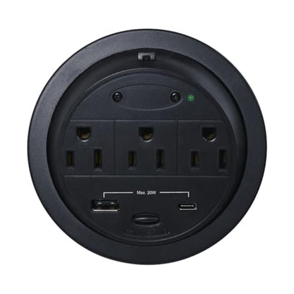 Kable Kontrol Recessed Power Grommet Desk Outlet, 3 AC Outlets,1 USB-A, 1 USB-C, 8’ Ft Power Cord, Flush Mount Fast Charging Station, for Office, Hotels – Black - size: 3 AC Outlets / 1 USB-A / 1 USB-C