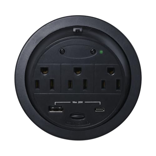 Kable Kontrol Recessed Power Grommet Desk Outlet, 3 AC Outlets,1 USB-A, 1 USB-C, 8’ Ft Power Cord, Flush Mount Fast Charging Station, for Office, Hotels – Black - size: 3 AC Outlets / 1 USB-A / 1 USB-C