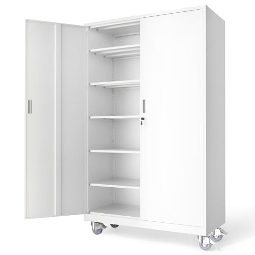 VINGLI Large Metal Storage Cabinet with 2 Doors and 5 Adjustable Shelves, Upgraded Height & Wide & Deep, 40''W x 20''D x 72''H, Oversized Garage Storage Cabinet with Wheels and Locks (White) - color: White, size: Larger 72'' Rolling Cabinet (5-Shelf)