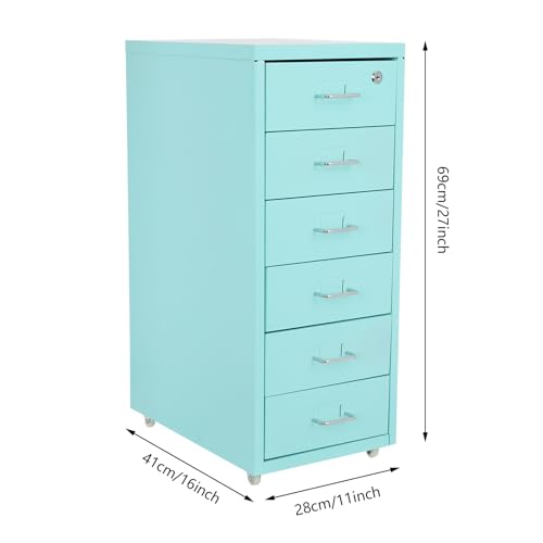 6 Drawers File Cabinet with Lock Rolling Mobile Filing Cabinet with Wheels Under Desk Vertical Filing Cabinet for Office/Home Metal (Light Blue) - color: Light Blue