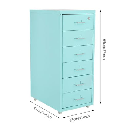 6 Drawers File Cabinet with Lock Rolling Mobile Filing Cabinet with Wheels Under Desk Vertical Filing Cabinet for Office/Home Metal (Light Blue) - color: Light Blue