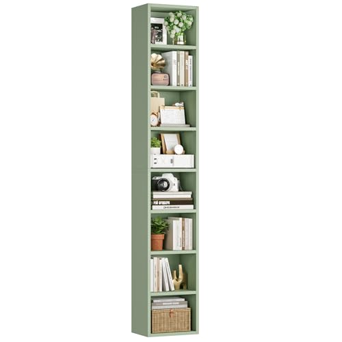 FOTOSOK Bookshelf Bookcase 8-Tier Narrow Bookshelf Tall CD Media Tower Rack | 11.6 X 9.3 X 70.9 Bookshelf, Tall Narrow Slim Skinny Display Bookcase with Cube Storage and 4 Adjustable Shelves, Green - color: Green