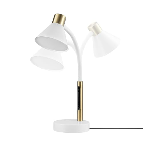 Globe Electric 15" LED Integrated Matte White Desk Lamp with Matte Brass Accent and Adjustable Silicone Gooseneck - color: Matte White, Albert