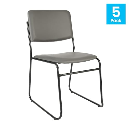 Flash Furniture Hercules Vinyl Stackable Chair with Sled Base, Gray, 5-Pack | Vinyl Upholstery, 500 LBS. Weight Capacity - color: Gray Vinyl/Black Frame, size: Set of 5