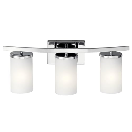 Kichler Crosby 23" Vanity Light in Chrome, 3-Light Contemporary Bathroom Light with Satin Etched Cased Opal Glass, (23" L x 8.75" H), 45497CH | Satin etched cased opal glass vanity light for bathroom mirrors (23" x 8.75" x 6"), 45497CH - color: Chrome, si