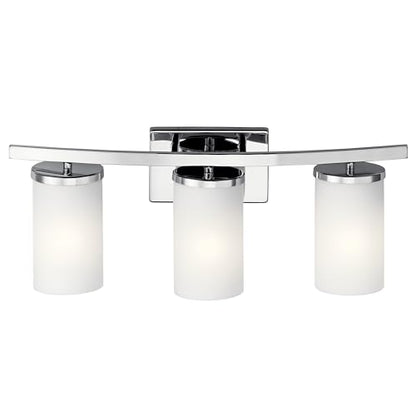 Kichler Crosby 23" Vanity Light in Chrome, 3-Light Contemporary Bathroom Light with Satin Etched Cased Opal Glass, (23" L x 8.75" H), 45497CH | Satin etched cased opal glass vanity light for bathroom mirrors (23" x 8.75" x 6"), 45497CH - color: Chrome, si