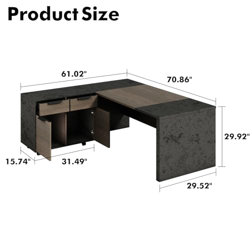 Executive Office Desk with Mobile File Cabinet, Retractable L Shaped Desk with Drawers & Cable Management, Modern Wood Office Desk for Home Office, Studio & Business Workspace (Dark Walnut, 70.86"W) - color: Dark Walnut, size: 70.86"W