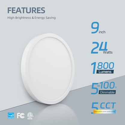ECOELER 9“ Flush Mount Ceiling Light with 5CCT Selectable (2700K,3000K,4000K,5000K,6000K), 24W 1800Lm Dimmable Flat Ceiling Light Surface Mount for Kitchen, Hallway, Bedroom, 4Pack - color: White, size: 9Inch - 4PK