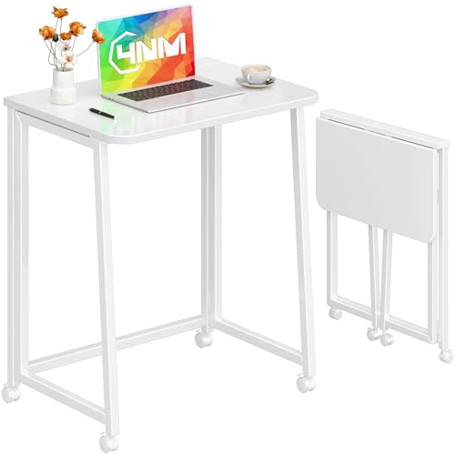 4NM 23.6" Mobile Small Folding Desk, Foldable Rolling Computer Home Office Desk, Study Writing Table for Small Space Saving Bedroom, with Wheels - All White - color: All White, size: 23.6"W x 15.7"D