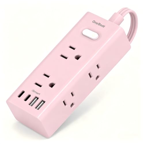 5Ft Extension Cord with Multiple Outlets, Flat Plug Power Strip Surge Protector with 5 Ft Long Cord, 6 Outlet 4 USB Ports (2 USB C), Multi Outlet Wall Plug for College, Dorm Room Essentials(Pink) - color: Pink, size: 5FT