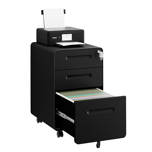 3 Drawer Mobile File Cabinet with Lock, 4 Keys and 25 Letter File Folders | Heavy-Duty Steel Rolling Filing Cabinet Pre-Assembled Under Desk for Home Office Letters/Legal/A4 Hanging File Folders - color: Black, size: 23.8"H*15.7"W-3 Drawers(25 letter fold