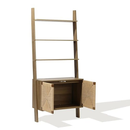 LuxenHome 71" Tall Ladder Bookshelf with Cabinet and 4-Tier Shelves, Oak