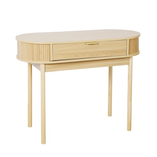 Fluted Small Computer Desk with Drawer, 40 Inch Mid-Century Modern Writing Desk with Solid Wood Legs,Compact Study Table for Small Spaces, Home Office, Bedroom,Natural - color: Natural