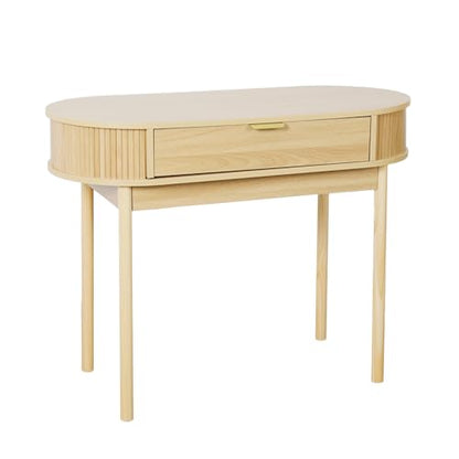 Fluted Small Computer Desk with Drawer, 40 Inch Mid-Century Modern Writing Desk with Solid Wood Legs,Compact Study Table for Small Spaces, Home Office, Bedroom,Natural - color: Natural