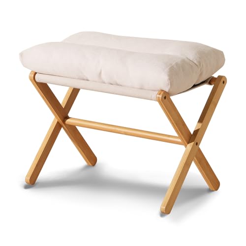 Baveke Ottoman Foot Rest- Bamboo Foldable Stool, Foot Stools Small Ottman with Upholstered & X Legs, Folding Stool for Makeup, Bedroom and Living Room (Large Beige) - color: Large Beige, size: 21.3"D x 13.4"W x 18.5"H